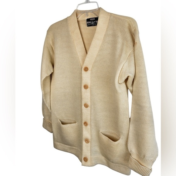 Vintage Cardigan Sweater Acrylic Men's Small Cream Grandpa Grunge Kurt Cobain - Picture 3 of 14